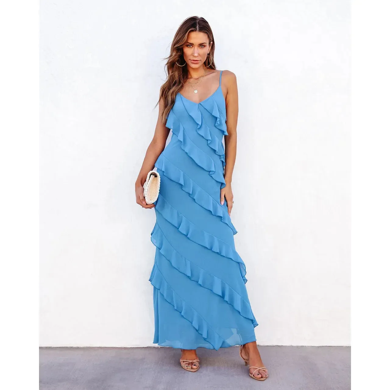 Women's Sexy Ruffles Maxi Dress, Elegant V Neck, Backless Party Dress, Sleeveless Bodycon Dresses, Club, Beach Split, Summer