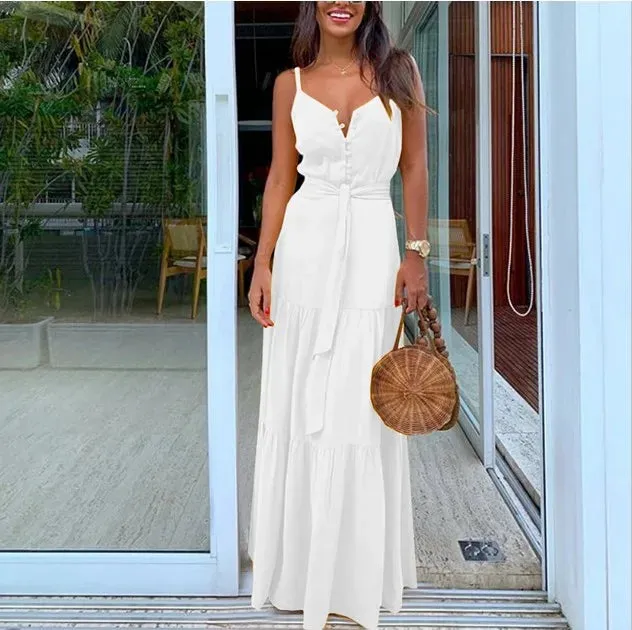 Womens Summer Spaghetti Strap Long Dress Bohemian Style Sleeveless V-neck Elegant Lady Dresses Casual Maxi Beach Party Vestidos