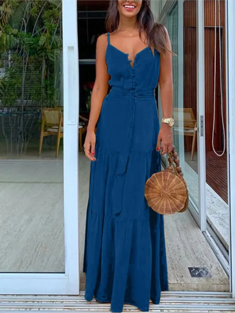 Womens Summer Spaghetti Strap Long Dress Bohemian Style Sleeveless V-neck Elegant Lady Dresses Casual Maxi Beach Party Vestidos